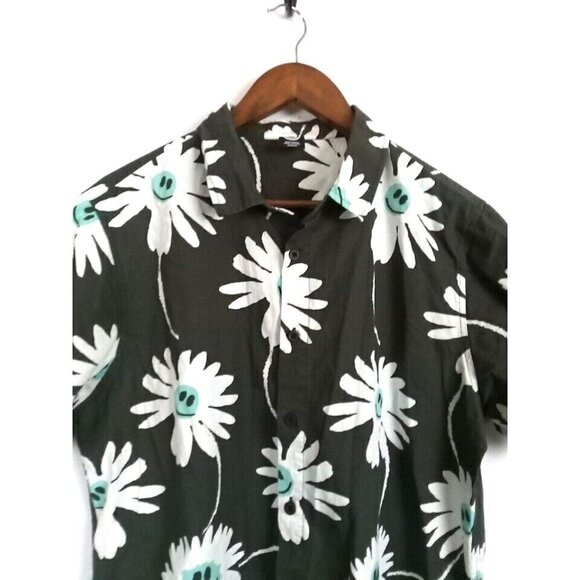 Neff Shirt Men's Size M Gray Dark Green Button Down Smiley Face Emoji Flower - Picture 5 of 12